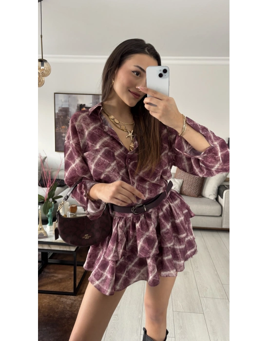 Mürdüm Olly Kemerli Katlı Etek Gömlek Takım