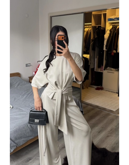 Rachel Taş Rengi Bel Kuşaklı Modal Takım