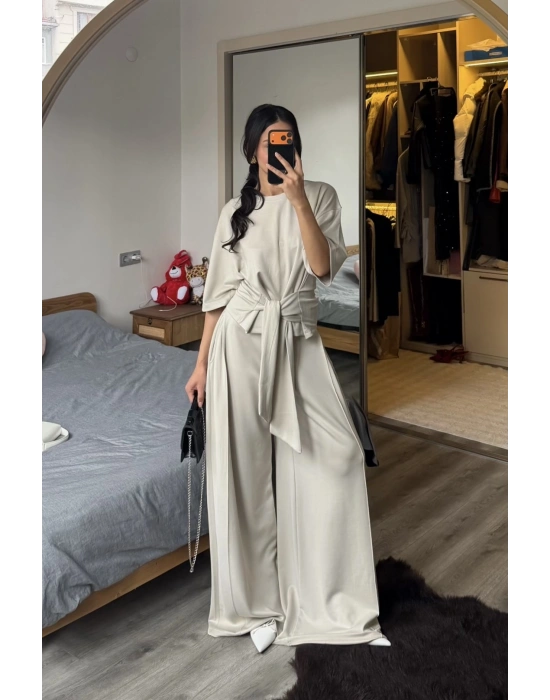 Rachel Taş Rengi Bel Kuşaklı Modal Takım