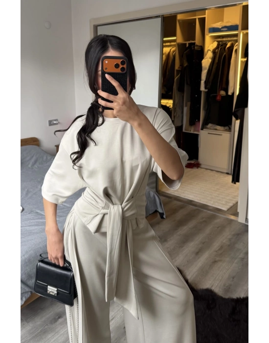 Rachel Taş Rengi Bel Kuşaklı Modal Takım