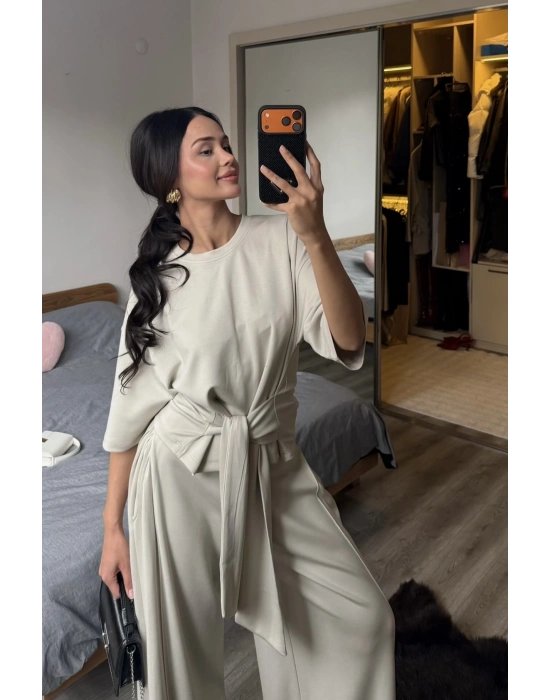 Rachel Taş Rengi Bel Kuşaklı Modal Takım