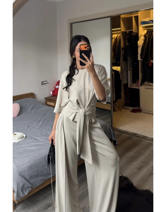 Rachel Taş Rengi Bel Kuşaklı Modal Takım