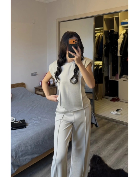 Taş Rengi Mely Vatkalı Dikiş Detay Takım