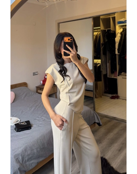 Taş Rengi Mely Vatkalı Dikiş Detay Takım