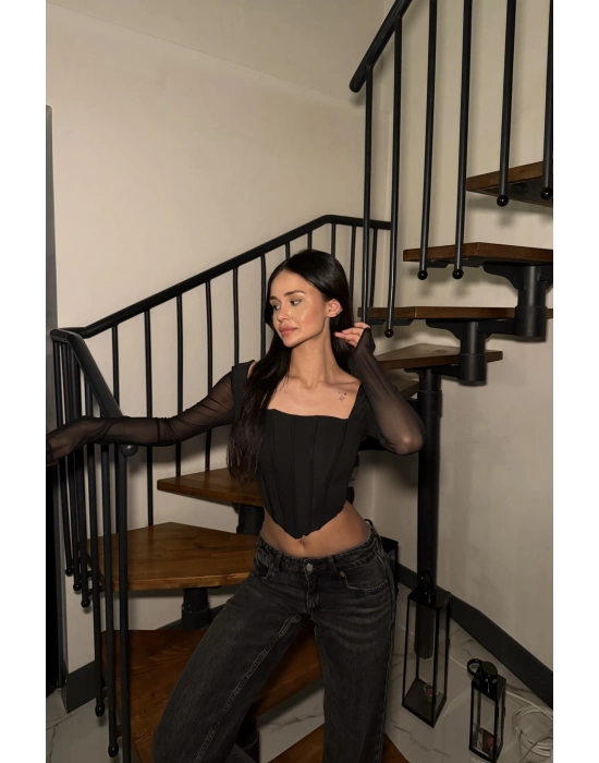 Siyah Tül Kollu Korse Bluz