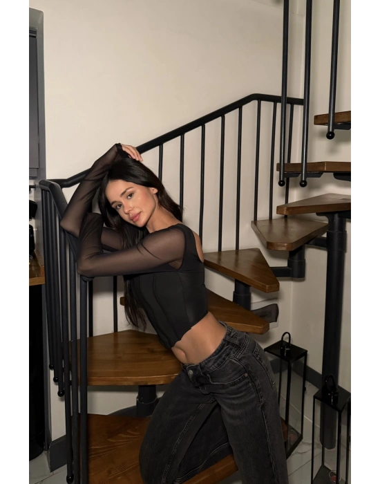 Siyah Tül Kollu Korse Bluz