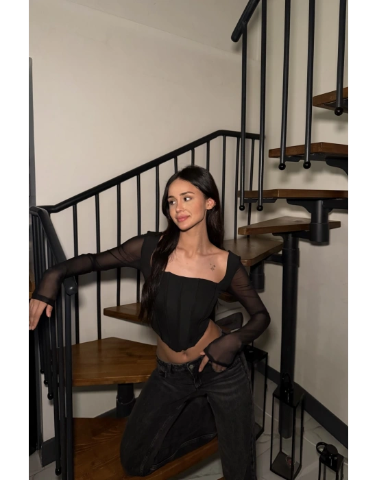 Siyah Tül Kollu Korse Bluz