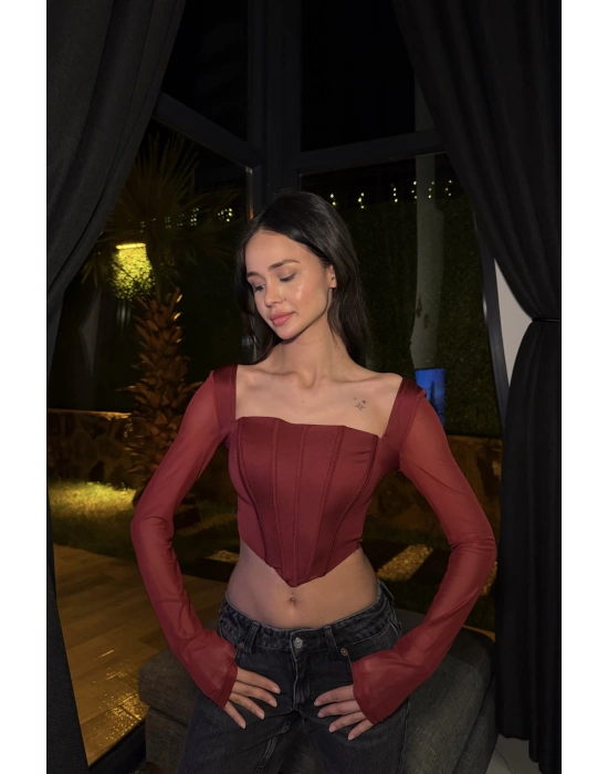 Bordo Tül Kollu Korse Bluz
