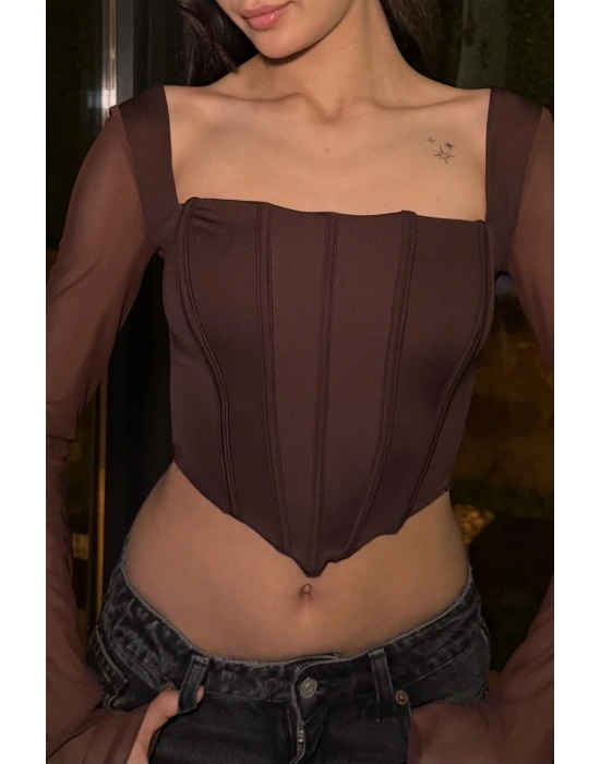 Kahve Tül Kollu Korse Bluz