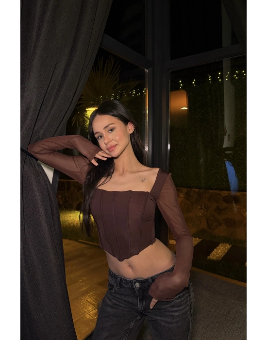 Kahve Tül Kollu Korse Bluz