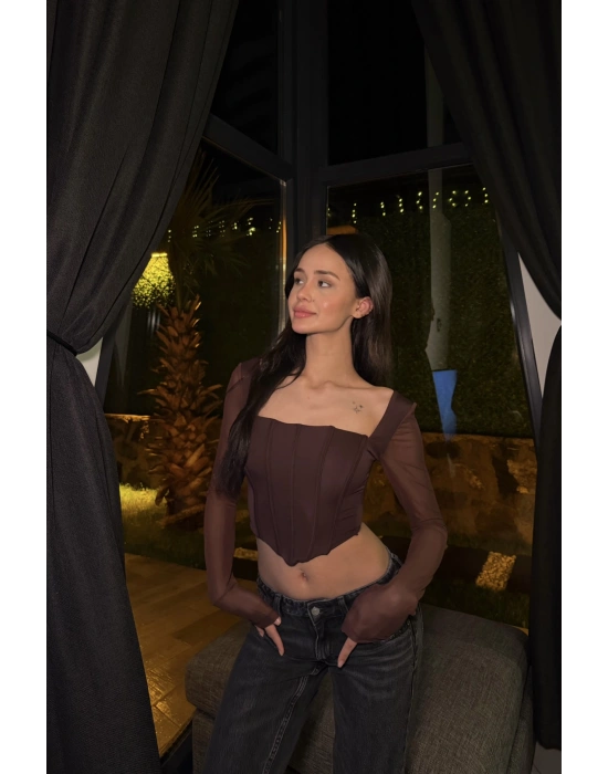 Kahve Tül Kollu Korse Bluz