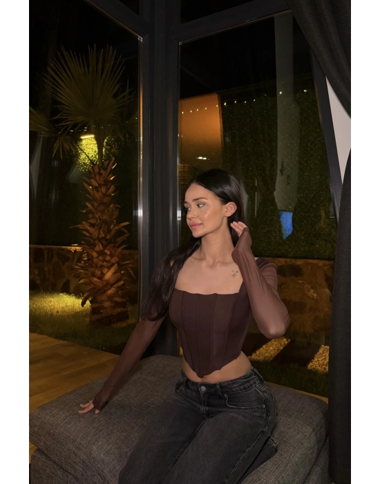 Kahve Tül Kollu Korse Bluz