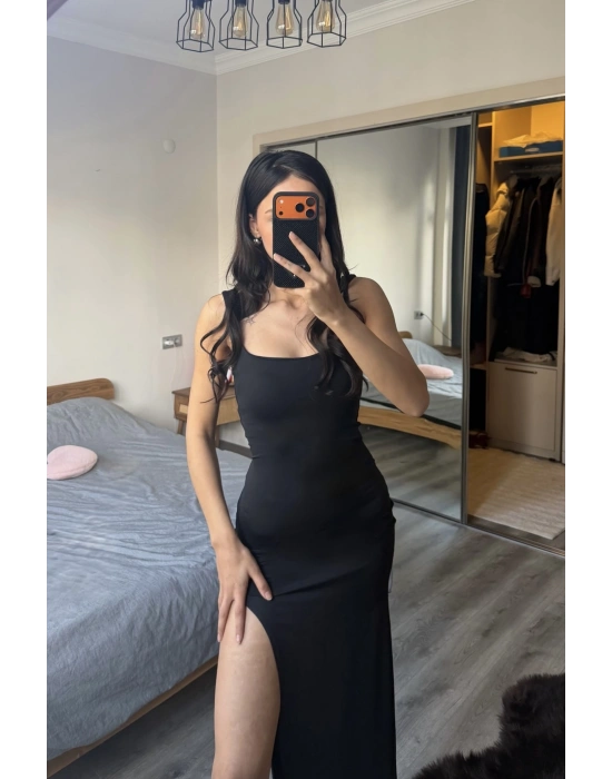 Sezy Kahve Kare Yaka Yırtmaçlı Elbise