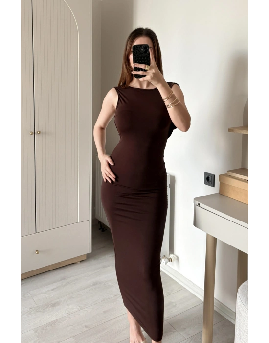 Kahve Neva Sırt Dekolteli Maxi Elbise