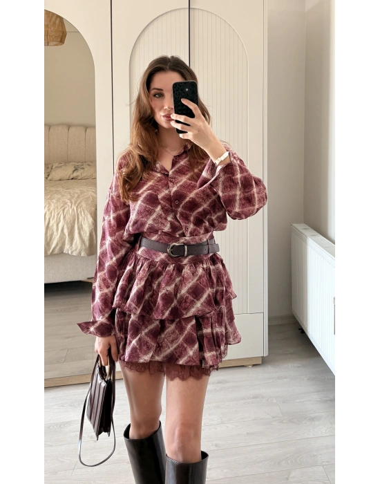 Mürdüm Sole Şifon Dantel Detay Kemerli Takım