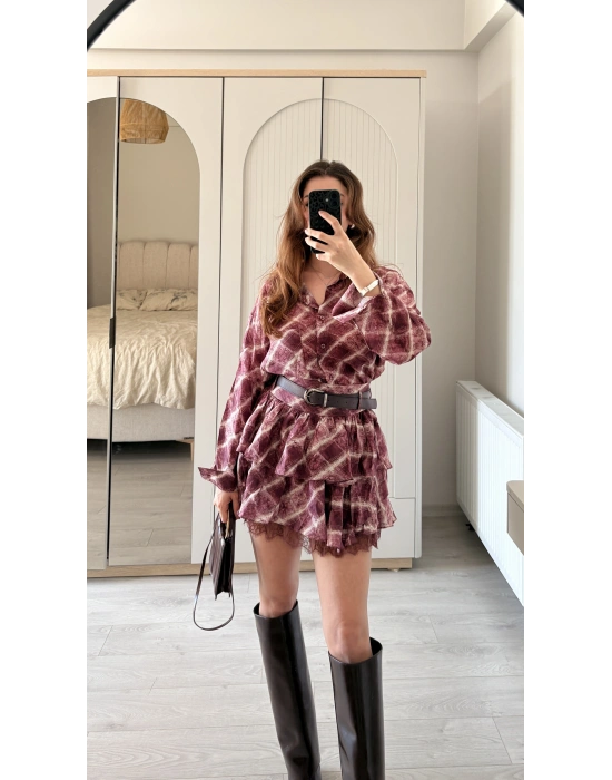 Mürdüm Sole Şifon Dantel Detay Kemerli Takım