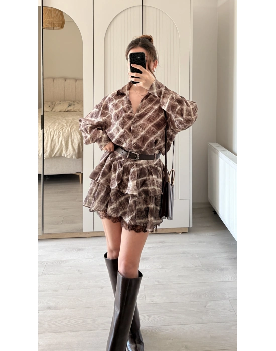 Kahve Sole Şifon Dantel Detay Kemerli Takım