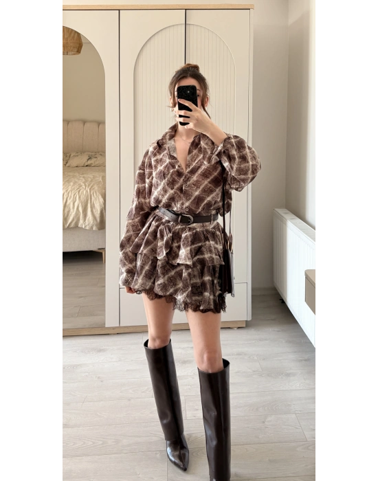 Kahve Sole Şifon Dantel Detay Kemerli Takım