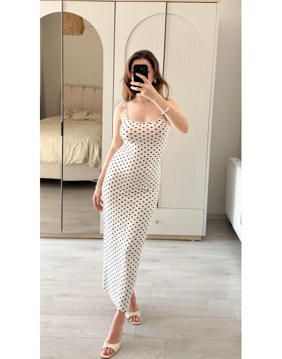 Beyaz Ayarlanabilir İnce Askılı Puantiye Elbise