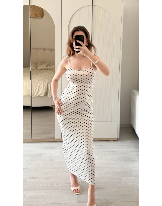 Beyaz Ayarlanabilir İnce Askılı Puantiye Elbise