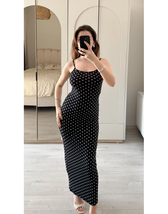 Siyah Ayarlanabilir İnce Askılı Puantiye Elbise