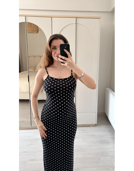 Siyah Ayarlanabilir İnce Askılı Puantiye Elbise