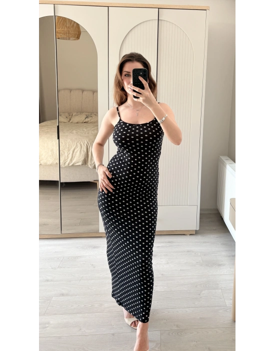 Siyah Ayarlanabilir İnce Askılı Puantiye Elbise