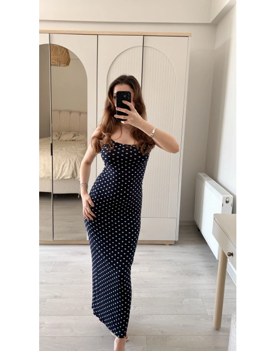 Lacivert Ayarlanabilir İnce Askılı Puantiye Elbise