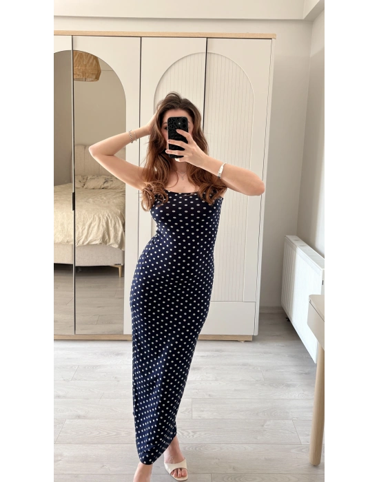 Lacivert Ayarlanabilir İnce Askılı Puantiye Elbise