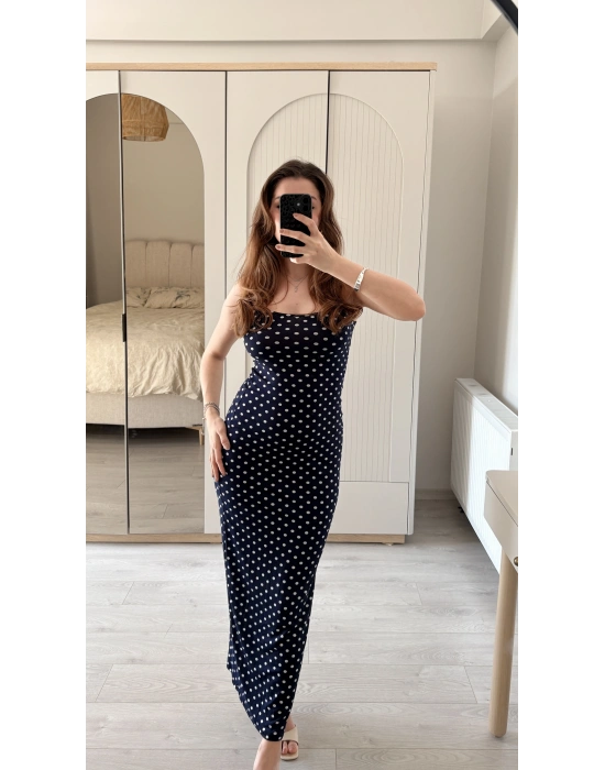 Lacivert Ayarlanabilir İnce Askılı Puantiye Elbise