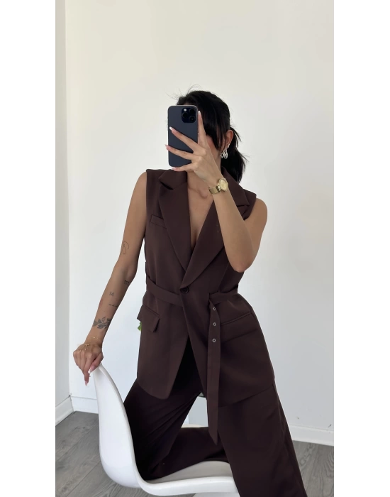Acı Kahve Tancy kemer Detaylı Pantolon-Yelek Takım