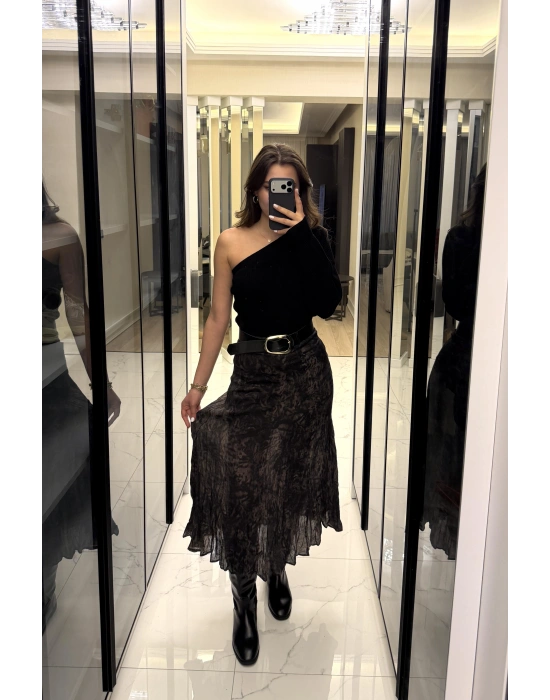 Acı Kahve Zr Muadil Kemerli Desenli Etek