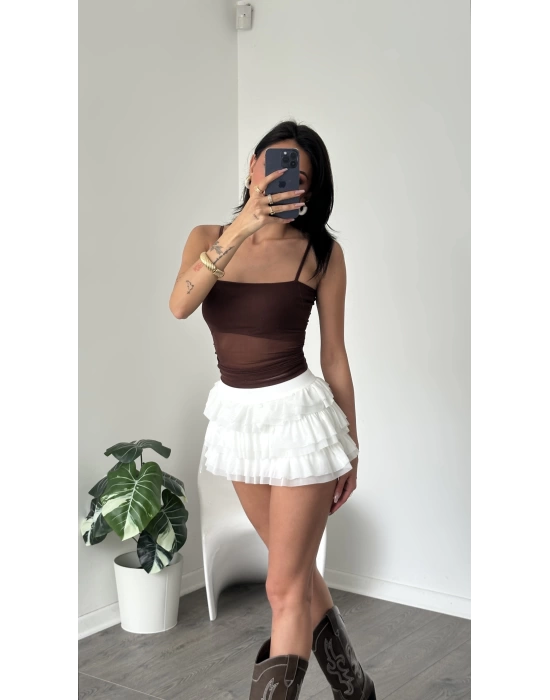 Adel Beyaz Şortlu Fırfır Tül Etek