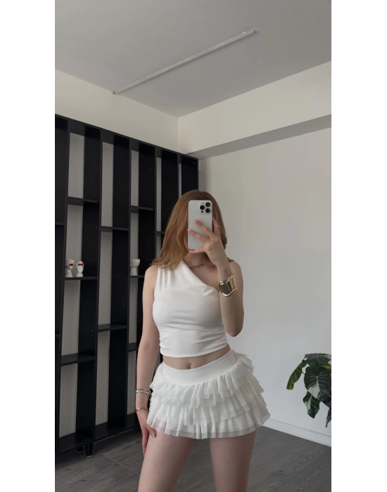 Adel Beyaz Şortlu Fırfır Tül Etek