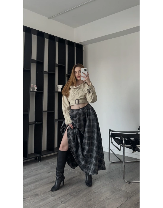 Aida Antrasit Ekose Desenli Maxi Etek