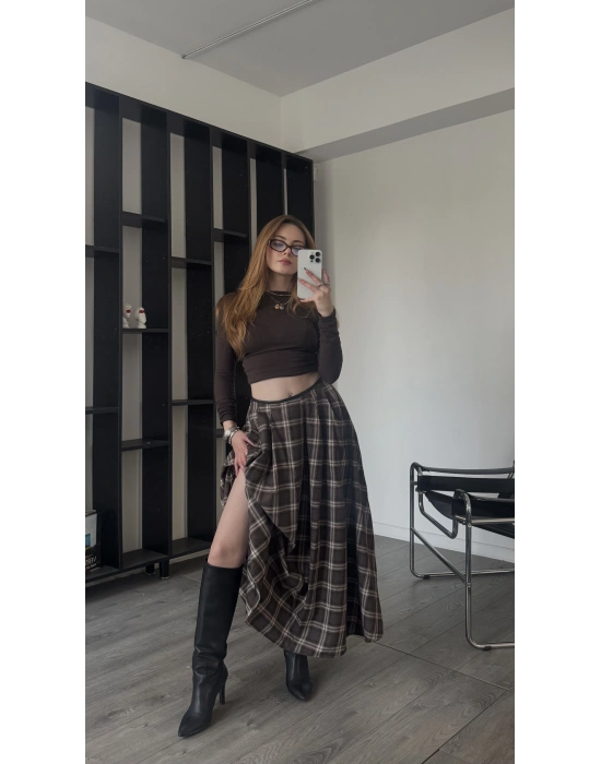 Aida Kahve Ekose Desenli Maxi Etek