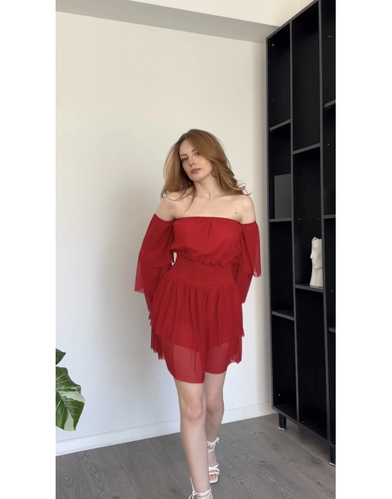 Alin Kırmızı Katlı Madonna Tül Elbise