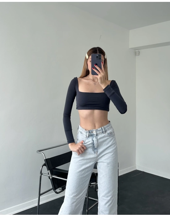 Antrasit Basic Kare Yakalı Crop Top