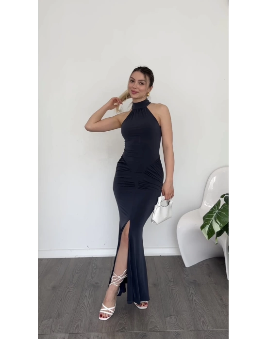 Antrasit Emma Drapeli Halter Yaka Elbise