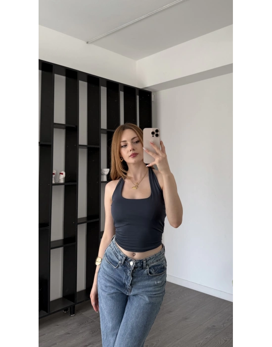 Antrasit Lancel Astarlı Boyundan Askılı Basic Bluz