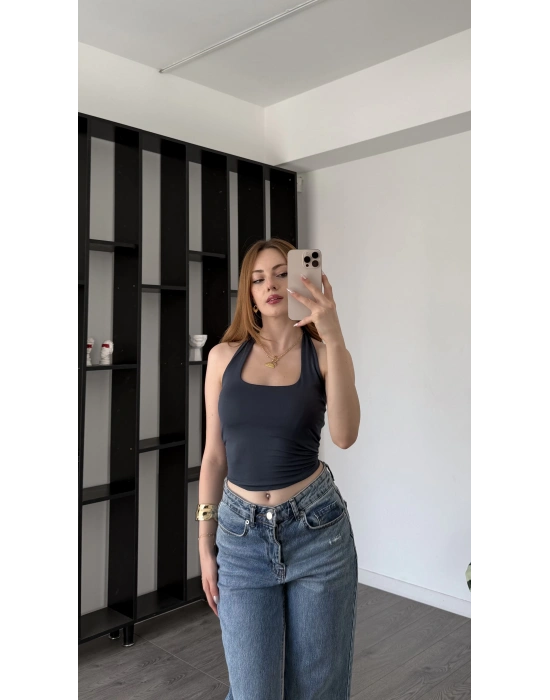 Antrasit Lancel Astarlı Boyundan Askılı Basic Bluz