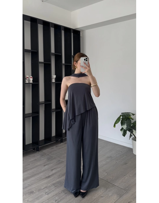 Antrasit Lina Şal Detaylı Asimetrik Straplez Takım