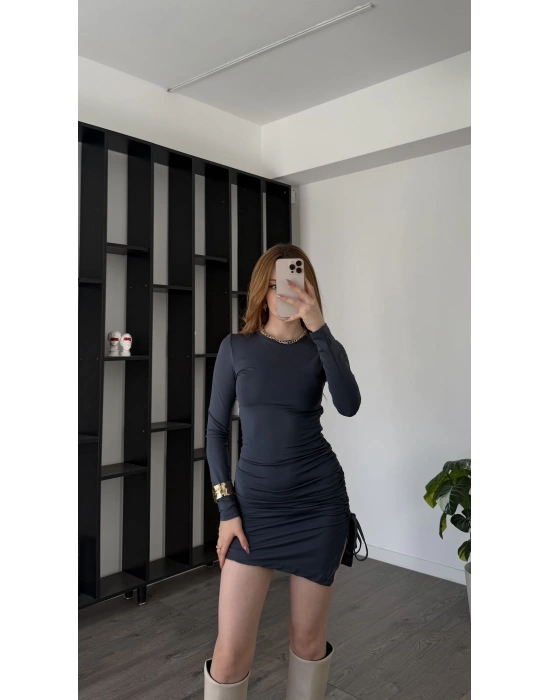 Antrasit Merinda Büzgülü Asimetrik Elbise