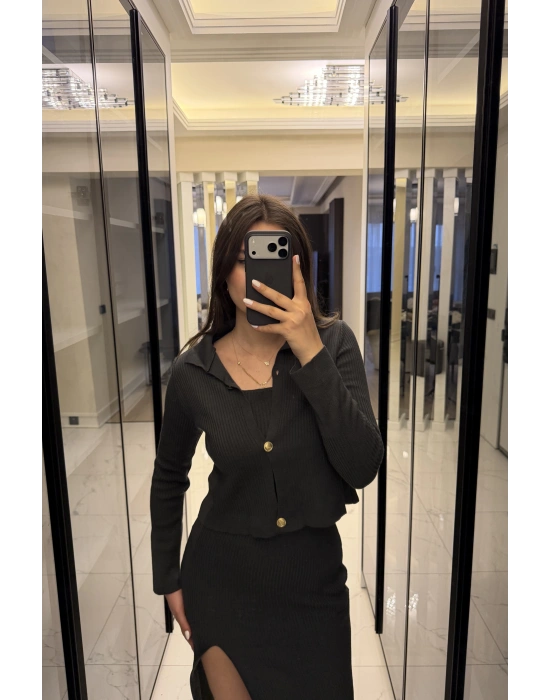 Antrasit Renly Hırka Elbise Triko Takım