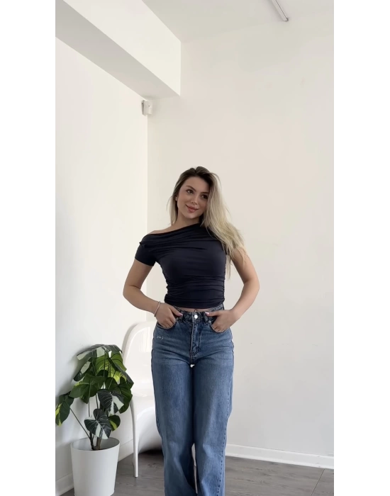 Antrasit Tek Omzu Düşük Büzgülü Basic Bluz