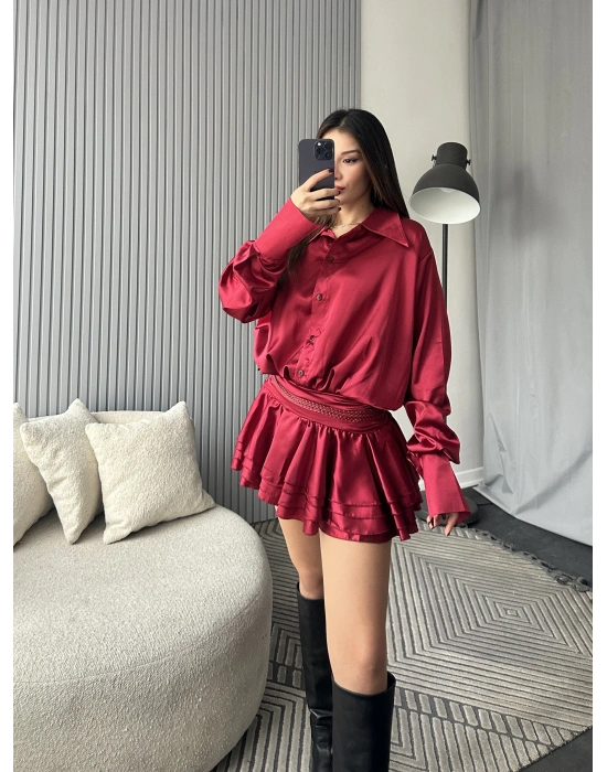 Kırmızı Kemerli Fırfır Etek Gömlek Saten Elbise