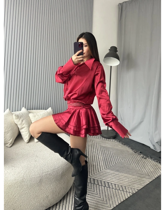 Kırmızı Kemerli Fırfır Etek Gömlek Saten Elbise