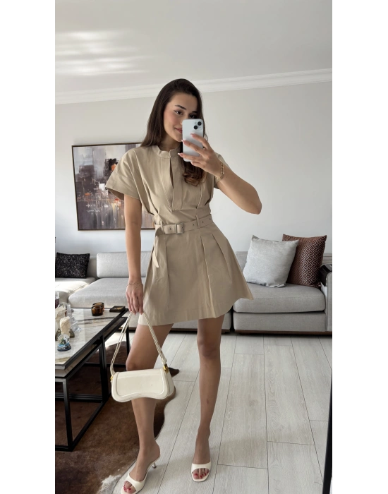 Bej Alexa Kemerli Pileli Elbise