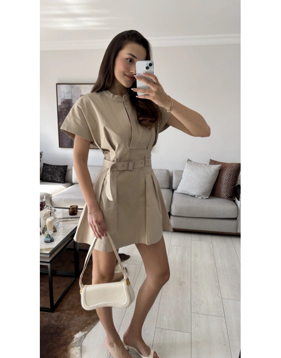 Bej Alexa Kemerli Pileli Elbise