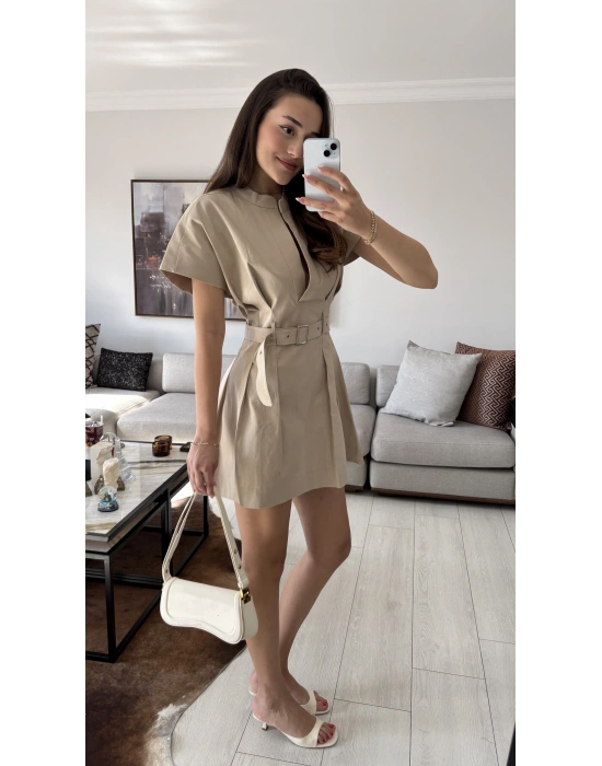 Bej Alexa Kemerli Pileli Elbise